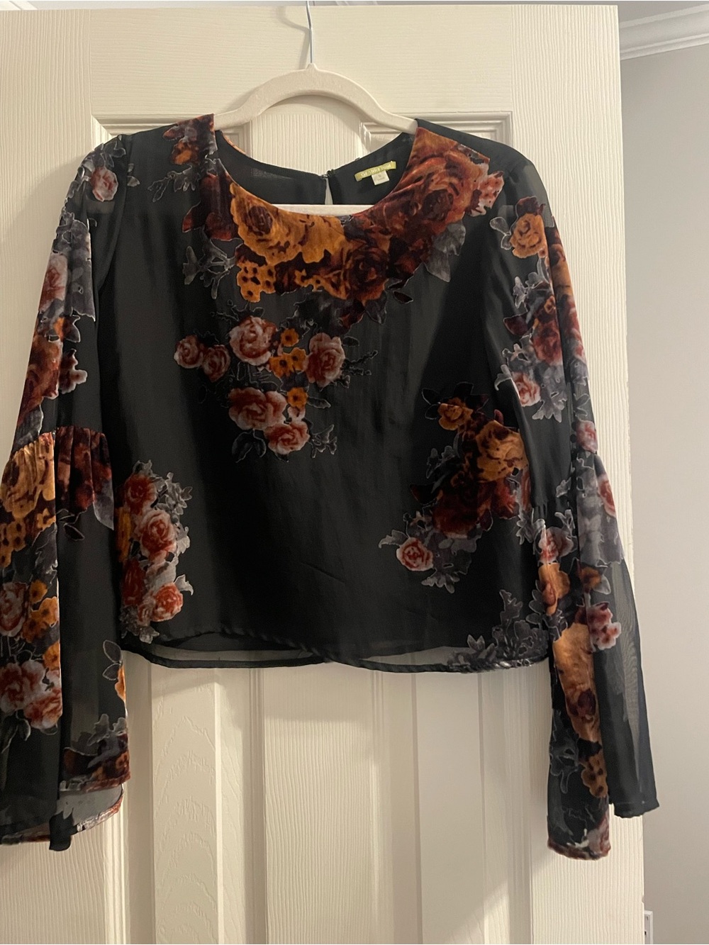 Gianni Bini Black Floral Sheer Blouse with Rust and Mustard Blooms